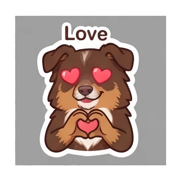 Aussie dog making a heart shape with hands and heart eyes. Cheerful Aussie Buddy sticker for expressive chats and social replies.