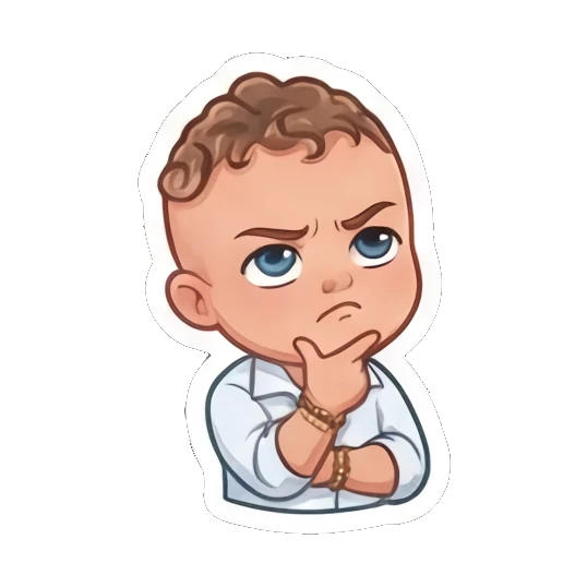 Curly boy thinking deeply with a hand on his chin Little Curly Boy Expressions sticker for expressive chats and social replies.
