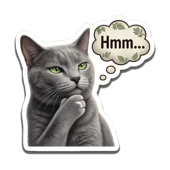 Gray cat thinking with a paw on chin, text Hmm... Gray Cat Daily Vibes sticker for expressive chats and social replies.