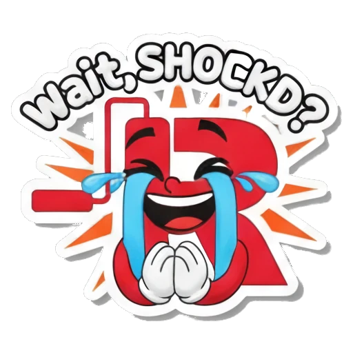 Letter R crying with shock expression and text Wait SHOCKD Red Letter R Adventures sticker for expressive chats and social replies.
