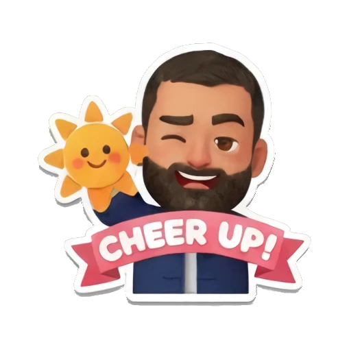 胡子大叔拿着太阳装饰，表情可爱，带有CHEER UP文字 Bearded Man Daily Expressions sticker for expressive chats and social replies.