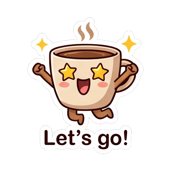 Excited coffee cup with star-shaped eyes and raised arms. Cheerful Coffee Cup Pals sticker for expressive chats and social replies.
