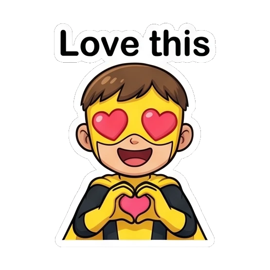 Superhero boy making a heart shape with his hands and heart-shaped eyes. Yellow Hero Adventures sticker for expressive chats and social replies.