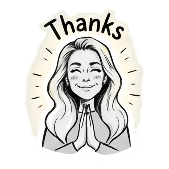 Girl smiling with hands together saying Thanks Doodle Girl Expressions sticker for expressive chats and social replies.