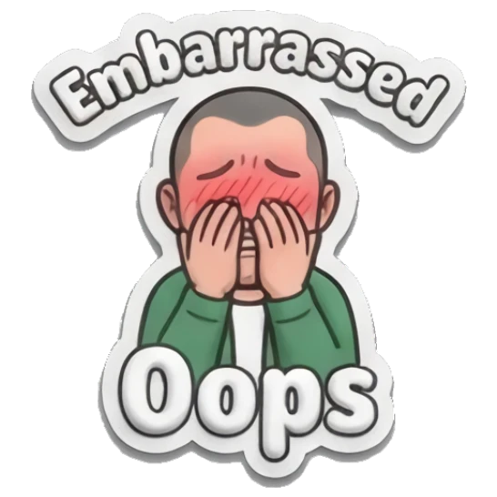 Man covering face in embarrassment saying 'Oops' Everyday Guy Expressions sticker for expressive chats and social replies.