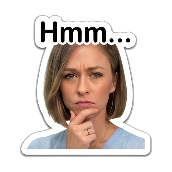Woman thinking with hand on chin with text 'Hmm...' Daily Life of a Modern Woman sticker for expressive chats and social replies.