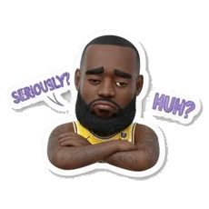 Basketball star looking confused with question mark, Huh text King James Expressive Moments sticker for expressive chats and social replies.