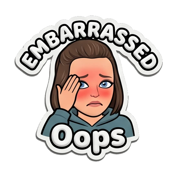 Young woman blushing in embarrassment with EMBARRASSED text. Playful Girl Daily Expressions sticker for expressive chats and social replies.