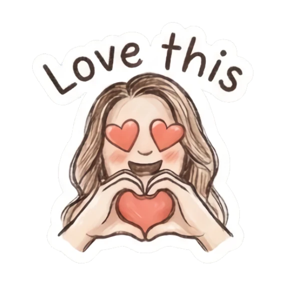 Girl making heart shape with hands and heart eyes, text Love this Charming Doodle Girl Expressions sticker for expressive chats and social replies.