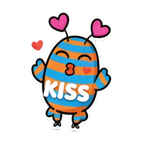 Monster blowing a kiss, loving expression, text KISS. Mood Monsters sticker for expressive chats and social replies.
