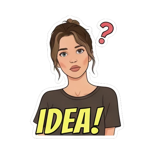 Saying 'IDEA!' with a question mark Young Woman's Expression Pack sticker for expressive chats and social replies.
