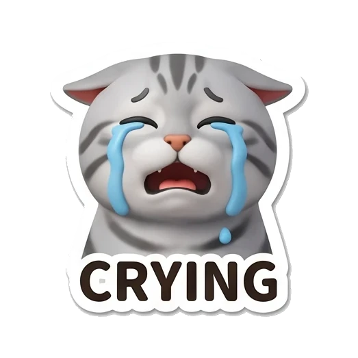 Gray tabby cat crying with blue tears with CRYING text Cheerful Gray Tabby Cat sticker for expressive chats and social replies.