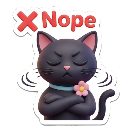 Disapproving black cat with crossed arms, text Nope. Playful Black Cat Daily sticker for expressive chats and social replies.