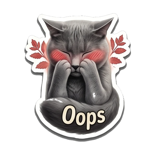 Shy gray cat covering face with paws, text Oops Gray Cat Daily Vibes sticker for expressive chats and social replies.