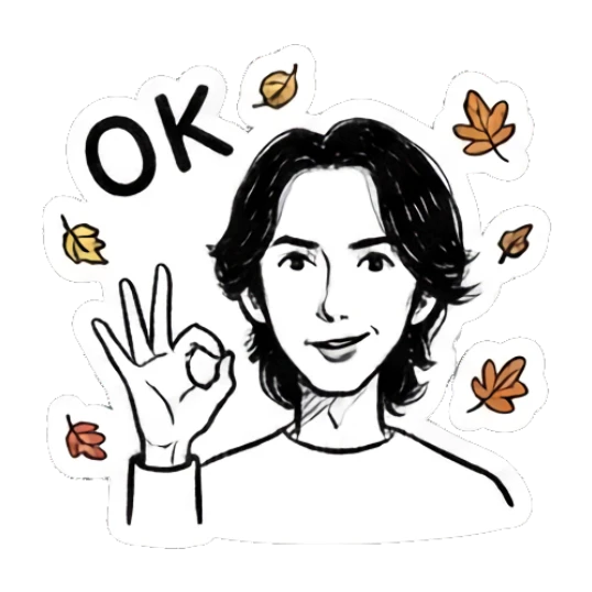 Long-haired boy making an OK gesture with autumn leaves, text OK Autumn Indie Doodle Guy sticker for expressive chats and social replies.
