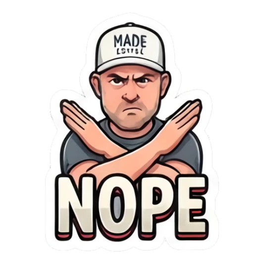 Man crossing arms in a firm rejection pose with text NOPE Coffee Shop Guy Daily Vibes sticker for expressive chats and social replies.