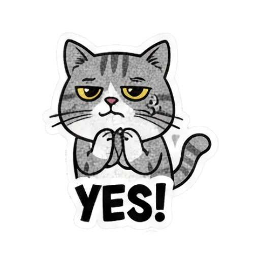 Grey cat clasping hands together in agreement with text YES! Grumpy Grey Cat Daily Moods sticker for expressive chats and social replies.