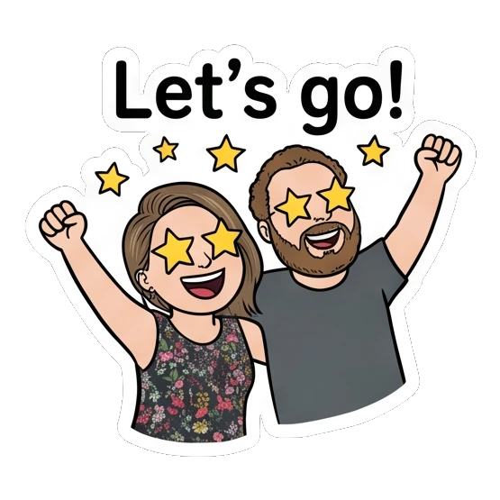 Woman and man cheering with star eyes with text Let's go! Couple Vibes Daily sticker for expressive chats and social replies.