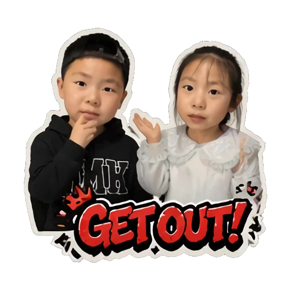 Boy and girl looking annoyed with GET OUT text Hip-hop Kids Duo sticker for expressive chats and social replies.