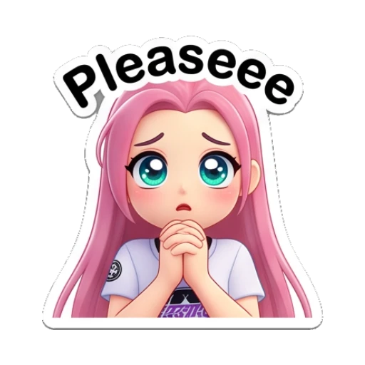 Pink-haired girl begging with pleading eyes and text Pleaseee Pinky Pop Adventures sticker for expressive chats and social replies.
