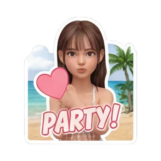 Girl holding a heart shape with happy expression saying PARTY Summer Beach Girl Vibes sticker for expressive chats and social replies.