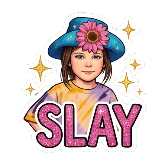 Confident girl posing with sparkles with text SLAY Sunflower Girl Daily Vibes sticker for expressive chats and social replies.