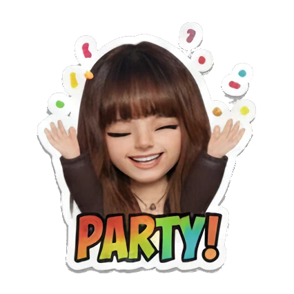 Girl celebrating with confetti, happy expression, text 'PARTY!' Modern Girl Daily Vibes sticker for expressive chats and social replies.