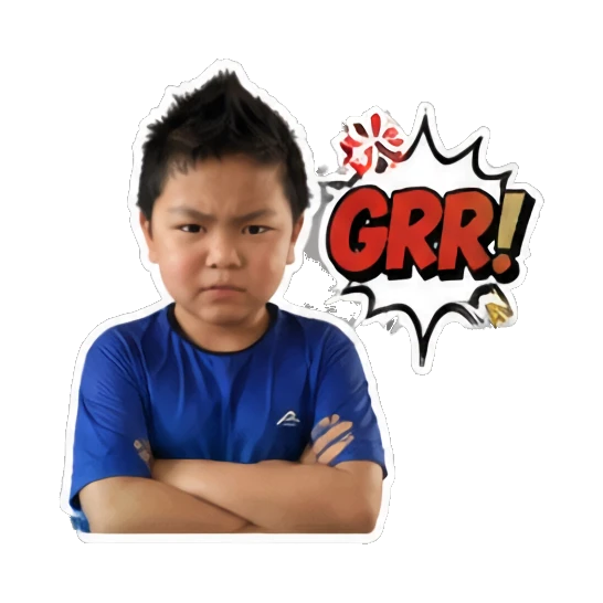 Young boy frowning with arms crossed and 'GRR!' text Energetic Boy Daily Expressions sticker for expressive chats and social replies.