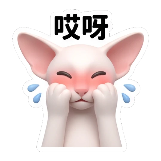 Embarrassed Sphynx cat blushing with '哎呀' text Sphynx Cat Daily Vibes sticker for expressive chats and social replies.