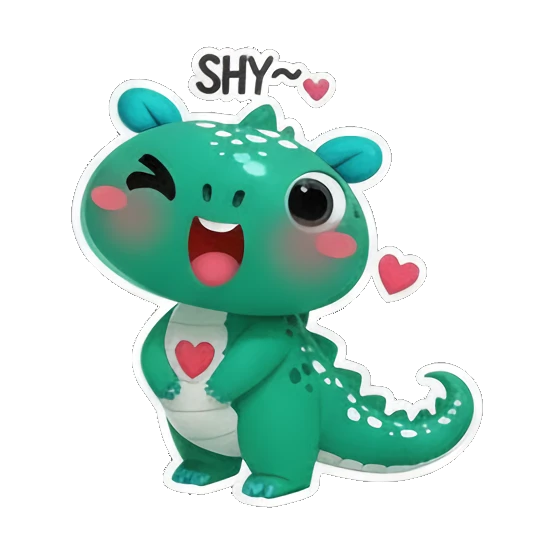 Shy dino holding a heart with SHY text Cheerful Green Dino Adventures sticker for expressive chats and social replies.