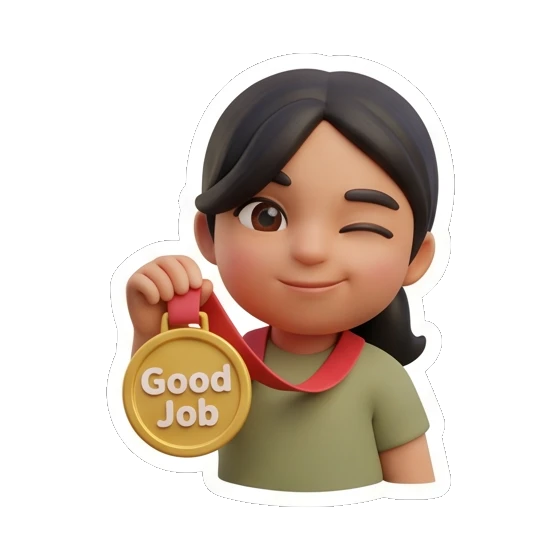 Girl winking while holding a Good Job medal, proud. Cheerful Girl Daily Life sticker for expressive chats and social replies.