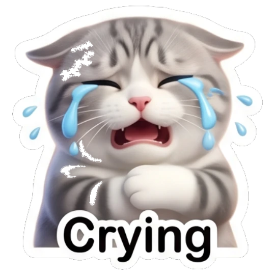 Grey cat crying loudly with Crying text Cute Grey Tabby Expressions sticker for expressive chats and social replies.