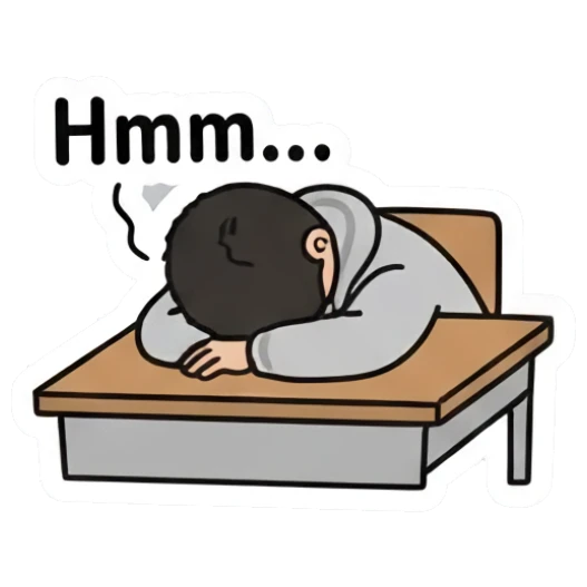 Boy sleeping on a desk, labeled Hmm. Casual Boy Daily Vibes sticker for expressive chats and social replies.