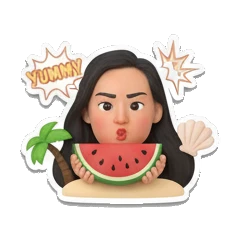 Girl eating watermelon, text YUMMY Summer Beach Girl Vibes sticker for expressive chats and social replies.