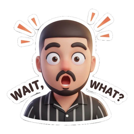 Bearded man looking shocked with 'WAIT, WHAT?' text. Modern Bearded Guy sticker for expressive chats and social replies.