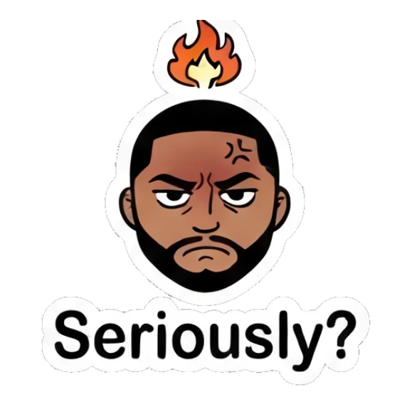 Bearded man looking angry with a fire icon above his head. Cool Guy Daily Vibes sticker for expressive chats and social replies.