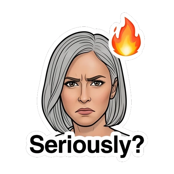 女性愤怒表情，头顶火焰，文字Seriously Modern Woman Daily Vibes sticker for expressive chats and social replies.