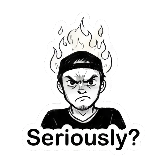 Angry man with flames above his head Cool Guy Doodle Daily sticker for expressive chats and social replies.