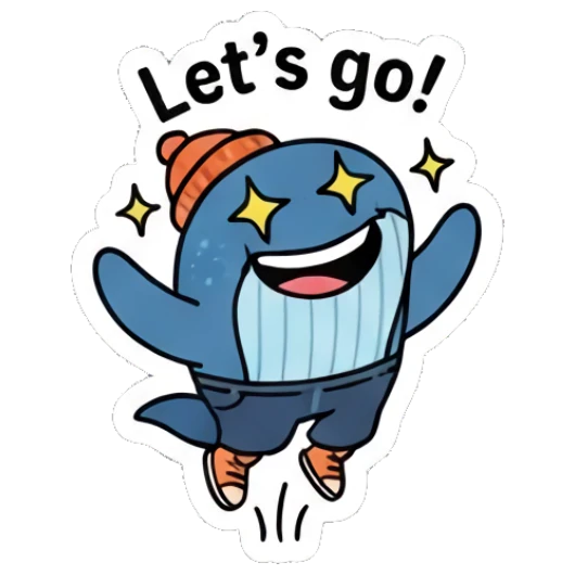 Excited blue whale jumping with star eyes and Let's go! text Cool Blue Whale Vibes sticker for expressive chats and social replies.