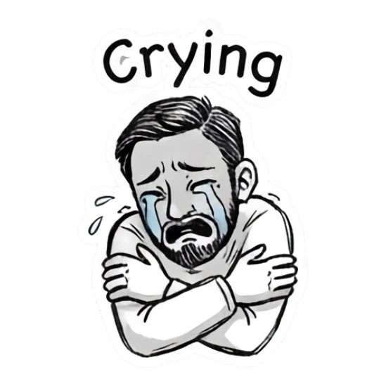 Bearded man crying with arms crossed, Crying text. Doodle Guy Daily Vibes sticker for expressive chats and social replies.