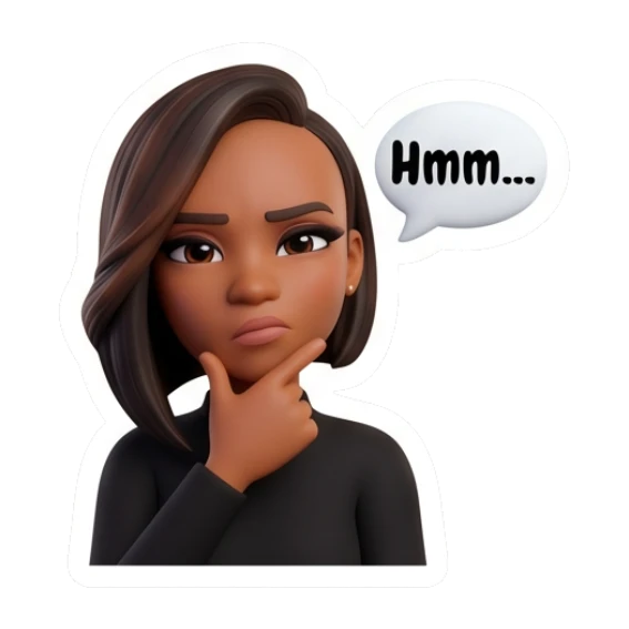 Woman thinking with a finger on chin, text says Hmm. Modern Chic Expressions sticker for expressive chats and social replies.