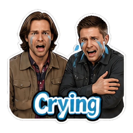Two men crying with sad expressions, text 'Crying' Supernatural Duo Vibes sticker for expressive chats and social replies.