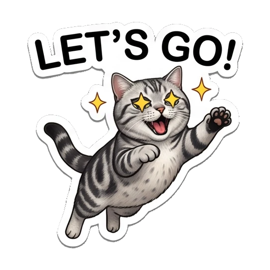 Energetic tabby cat jumping with sparkles and text LET'S GO! Fluffy Tabby Moods sticker for expressive chats and social replies.