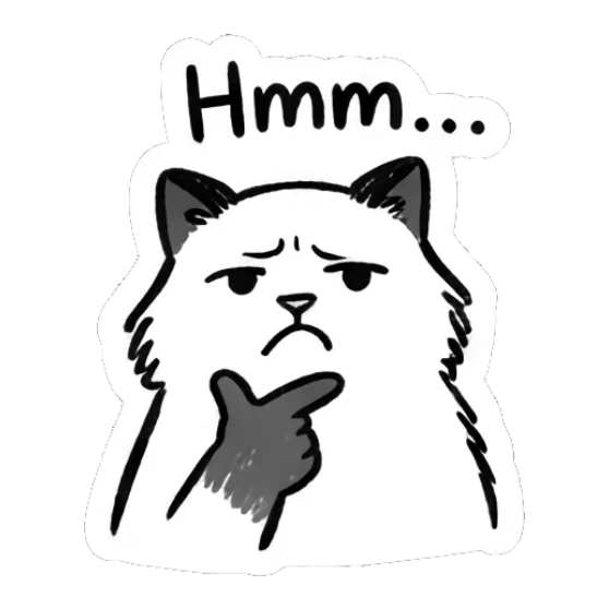 Thoughtful Ragdoll cat touching chin, text 'Hmm...' Ragdoll Cat Moods sticker for expressive chats and social replies.