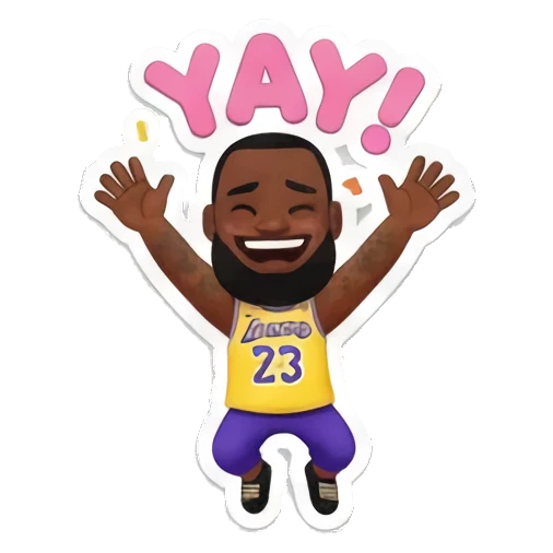 詹姆斯张开双臂欢呼，表情兴奋，上方有YAY文字 King James Court Vibes sticker for expressive chats and social replies.