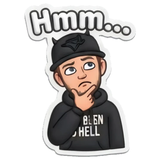 Guy thinking with hand on chin with text Hmm... Custom camojis sticker for expressive chats and social replies.