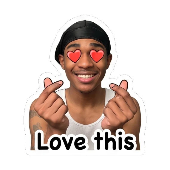 Young man with heart eyes making finger hearts and text Love this. Daily Vibes of a Durag Guy sticker for expressive chats and social replies.