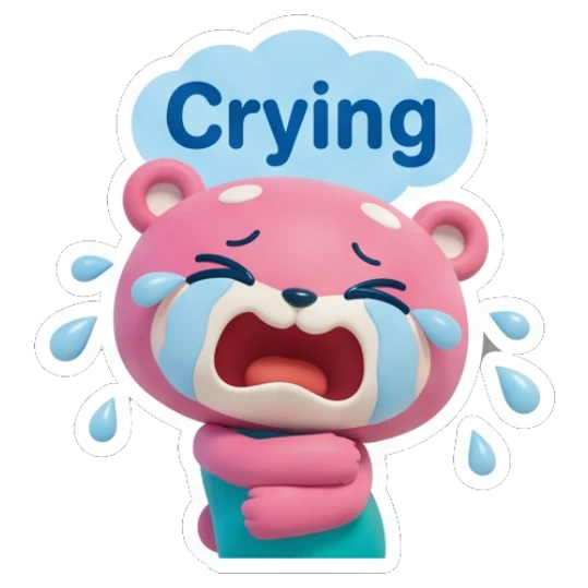 Pink bear crying loudly with text Crying Pinky Bear Daily Vibes sticker for expressive chats and social replies.