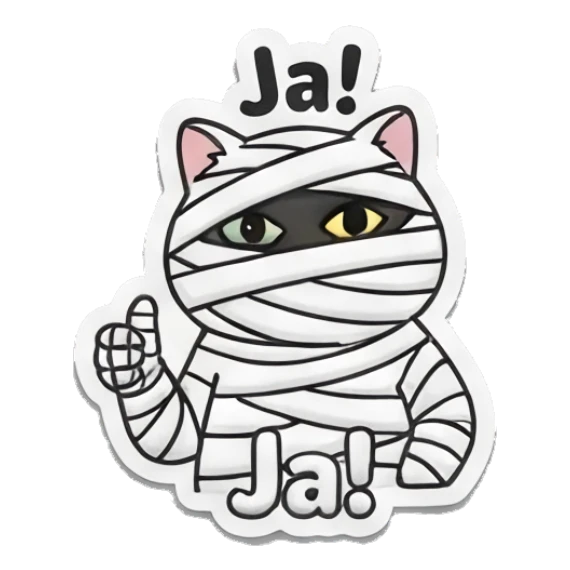White cat mummy giving thumbs up, Ja! Spooky Cute Cat Halloween Vibes sticker for expressive chats and social replies.