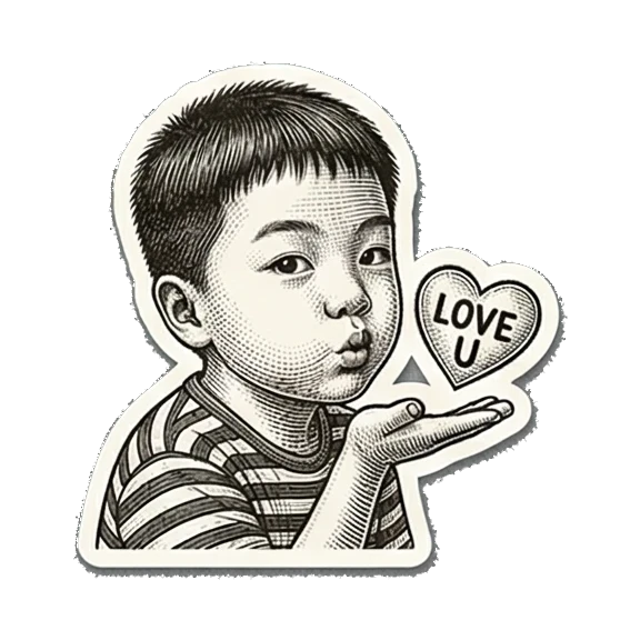 Loving boy blowing a kiss. Little Boy's Engraved Emotions sticker for expressive chats and social replies.